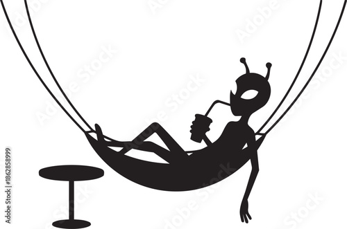 Cute alien enjoying beverage while resting in hammock for peaceful break illustration