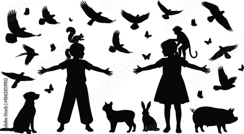 Children silhouettes with animals, nature harmony scene, birds butterflies illustration, playful interaction art, coexistence concept, joyful outdoor design