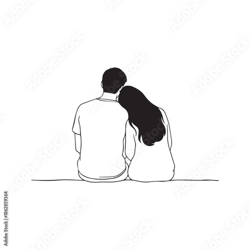 Minimalist vector line drawing of a romantic couple sitting together seen from the back, woman leaning head on man's shoulder, symbolizing love, support, and relationship.
