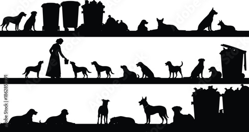 Dogs silhouettes, garbage bins scene, stray animals illustration, urban waste concept, feeding dogs, animal welfare art, homelessness theme, city environment