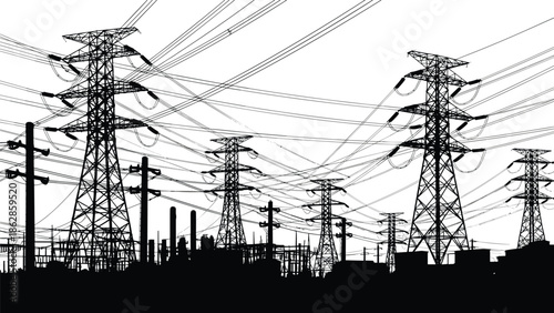 Electrical transmission towers, power lines silhouettes, energy infrastructure illustration, industrial scene, electricity distribution network, utility design