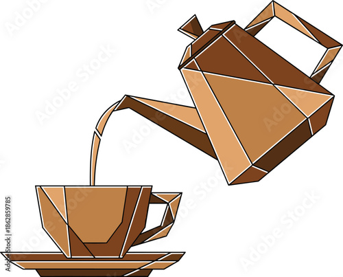 Geometric coffee pot, polygonal art design, abstract cup saucer, modern illustration, angular shapes, beverage concept, stylish kitchen graphic