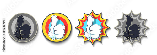 Vector cartoon four fingered hand, thumbs up. Approval, good or excellent. Set of toon emotions. Icon collection. Isolated background