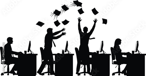 Office silhouettes, workers at desks, computer work scene, celebratory moment, flying papers illustration, teamwork concept, workplace dynamics, humorous design
