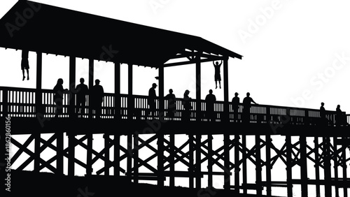 Pier silhouette illustration, wooden boardwalk structure, human activity scene, leisure recreation art, architectural design, stylized shadow concept