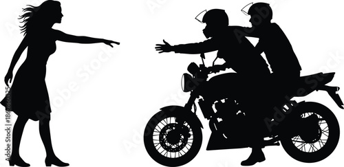 Silhouette person motorcycle riders, reunion greeting scene, connection illustration, farewell concept, interaction art, motion design, stylized graphic