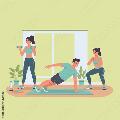 People Doing Fitness Exercises and Home Workout Illustration