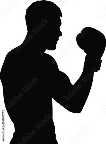 Focused Male Boxer Silhouette in a Ready Fighting Stance with Gloves
