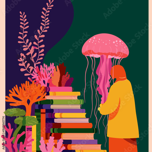 Colorful Books Surrounded by Illustrative Flora and Fungi