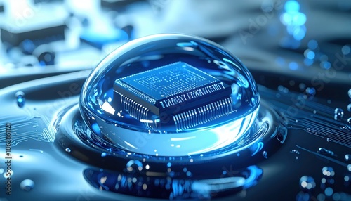 Advanced Microchip Encapsulated in a Glowing Blue Water Droplet on a Circuit Board