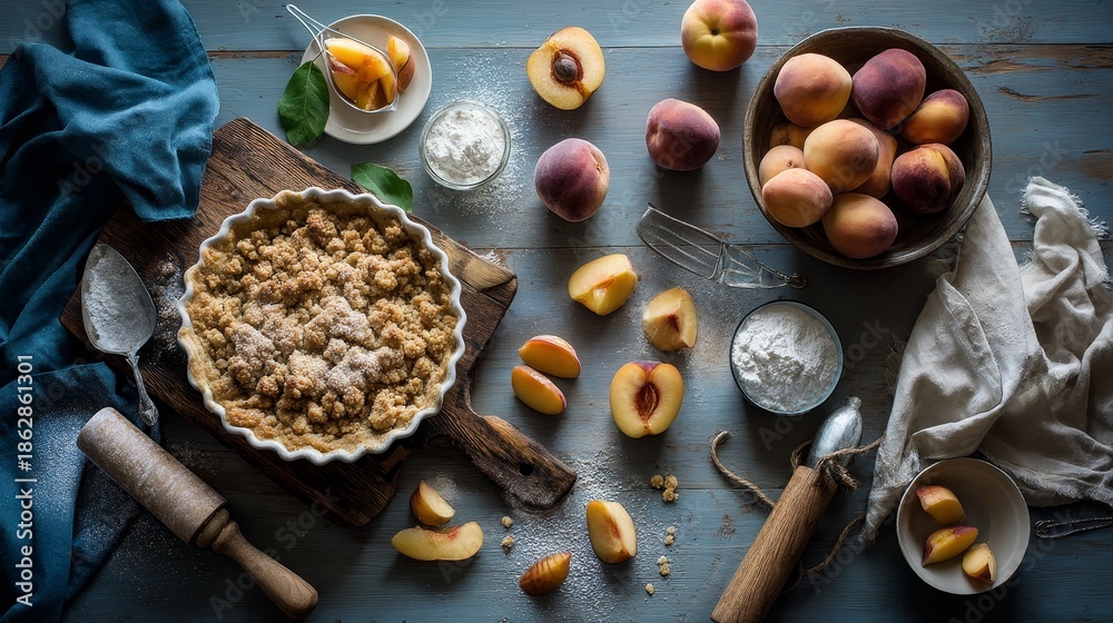Fototapeta premium Wideangle of golden peach cobbler with crumbly topping, surrounded by fresh peach slices and rustic baking tools on a weathered wooden surface, evoking warmth and homemade indulgence