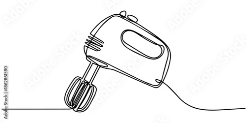 Electric mixer continuous line. Continuous one line drawing electric mixer. Kitchen electric concept. single line drawing, Single continuous line drawing of electric hand mixer household utensil