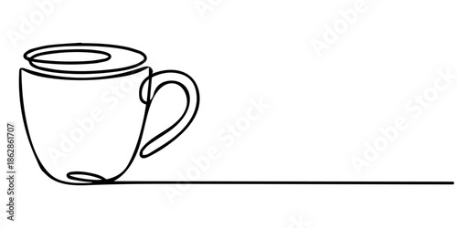 cup of hot coffee one line drawing vector illustration isolated, Minimalist one line drawing of a steaming coffee cup on a saucer, a simple black sketch of a hot beverage for a cafe menu, logo