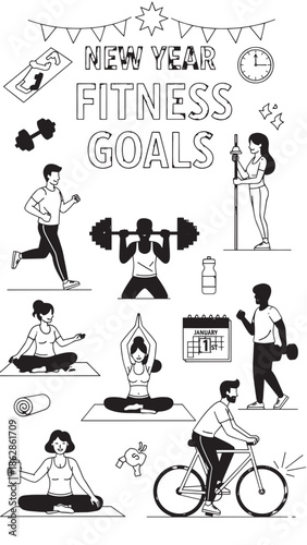 New Year Fitness Goals: A Busy Montage of People Exercising and Staying Active.