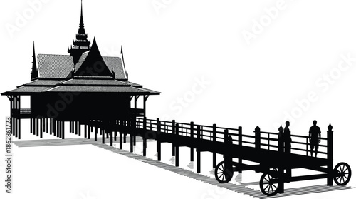 Thai traditional building, ornate roof silhouette, stilt architecture, cultural design illustration, wooden bridge scene, heritage concept, architectural art