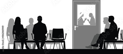 Waiting room silhouettes, people sitting on chairs, hospital clinic interior, medical office reception, patients waiting, healthcare facility, grayscale illustration, anticipation scene