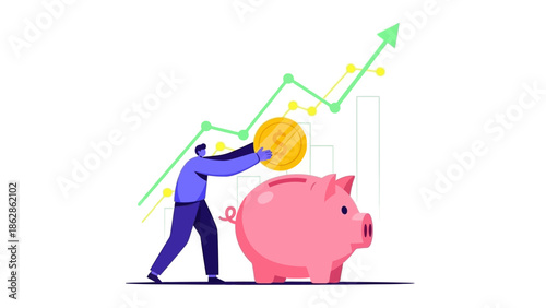 Man pushing coin into piggy bank with rising financial graph in the background