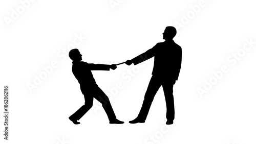 Conceptual illustration of two silhouetted businessmen in a tug of war, symbolizing competition, conflict, power struggles, and business challenges, set against a clean
