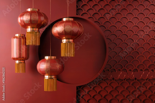 Elegant Red Chinese Lantern Background with Traditional Lunar New Year Decor