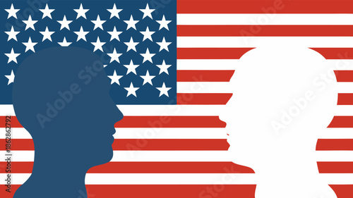 Political discussion between two silhouettes against the american flag background