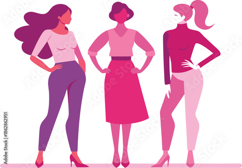 Three confident women standing together in stylish pink and purple outfits