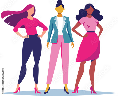 A diverse group of three confident women standing side by side, showcasing female empowerment and style.