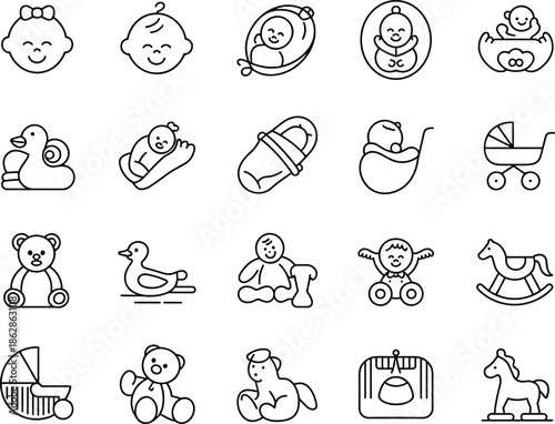 Collection of nursery line icons featuring baby faces, toys, strollers, rocking horses, and teddy bears for childhood and parenting design,
