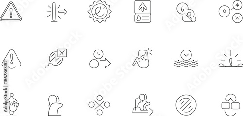 Set of thin line abstract icons including warning triangles, directional arrows, and navigational symbols for user interface and information design,