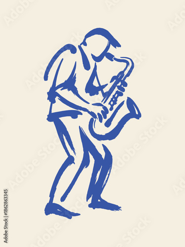 Saxophone player silhouette ink sketch vector illustration