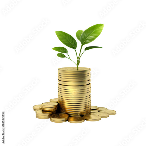 A growing plant sprouting from a stack of golden coins, symbolizing financial growth and investment isolated on transparent background