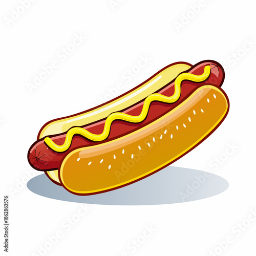 A mouth-watering illustration of a classic hot dog topped with bright yellow mustard, perfect for food-related content