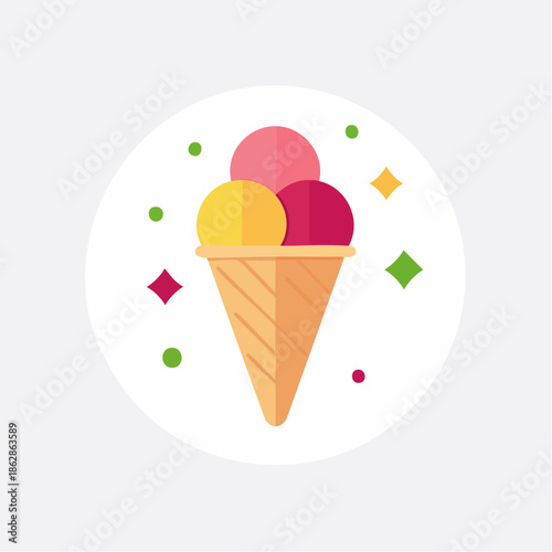 Delightful and refreshing three-scoop ice cream cone icon featuring a vibrant, colorful dessert in a classic waffle cone, perfect for summer treats and sweet cravings