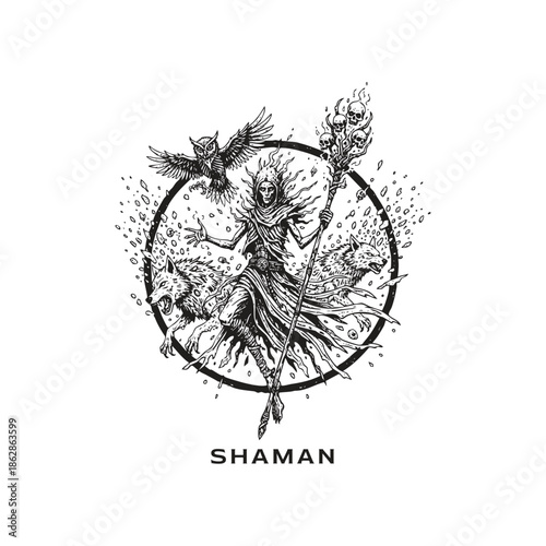 Mystical shaman character with wolves, owl, and skull staff in vintage woodcut engraving style.