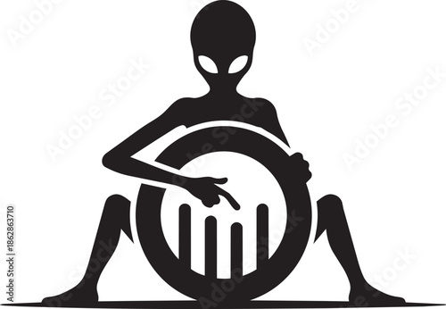 Extraterrestrial being sitting and pointing at futuristic circular symbol abstract vector illustration