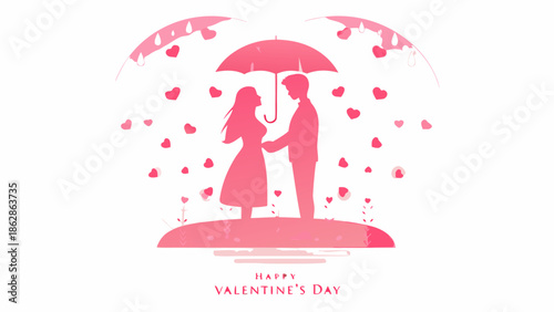 Couple celebrating Valentine's Day under umbrella with hearts