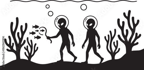 Two alien divers observe fish with a net in an underwater world with coral and bubbles