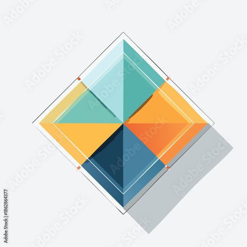 Abstract geometric diamond shape with colorful quadrants and modern shadow, ideal for innovative business concepts and dynamic presentations