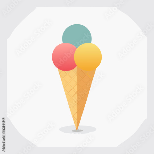 A vibrant and delicious ice cream cone with three scoops of assorted flavors served in a crisp waffle cone on a simple background, perfect for summer treats