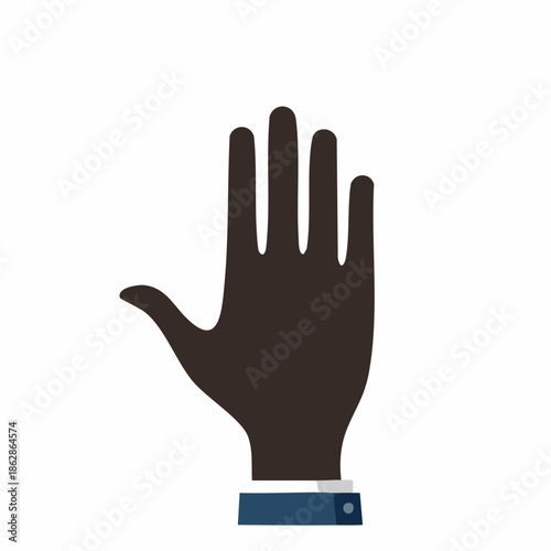 Illustrative depiction of an open human hand with a dark skin tone, extended upwards in a common gesture signifying stop, welcome, or raising a question