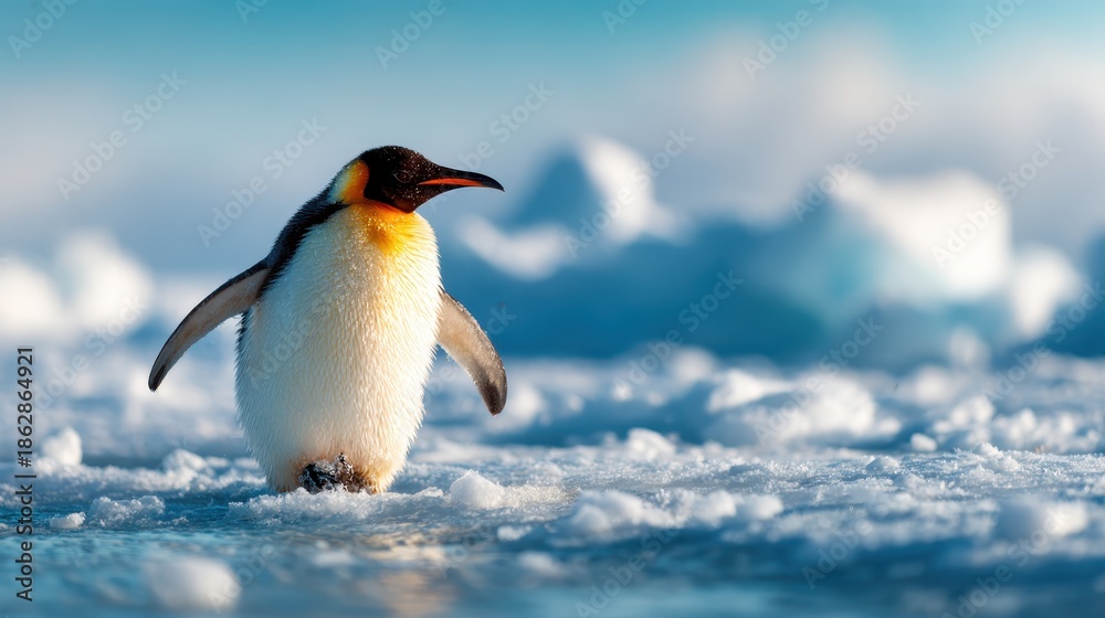 Obraz premium An emperor penguin gracefully walks across a snowy landscape, showcasing the beauty of wildlife and the stark contrast of its vibrant colors against the icy blue background.