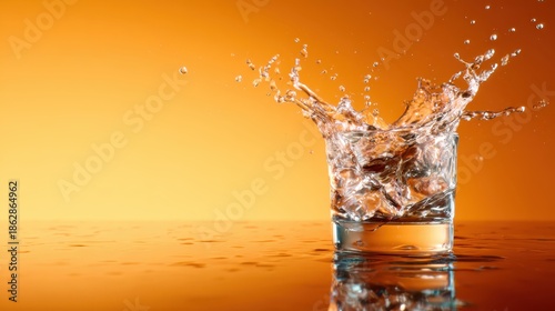 This image captures the dynamic moment of water splashing in a glass against a vibrant orange backdrop, evoking energy, excitement, and refreshing qualities perfect for food or drink themes.