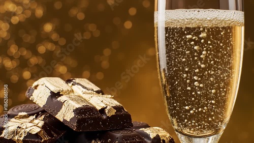 Close Up of Chocolate With Gold Leaf and Glass of Champagne on Golden Bokeh Background
