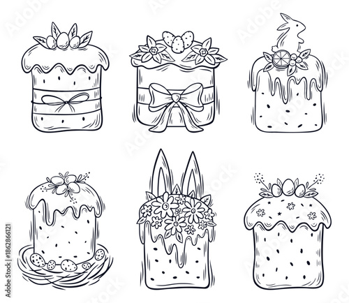 Hand drawn vector set of Easter cakes with eggs, bunny ears, and floral decorations. Black and white line art illustrations of traditional holiday treats for your design