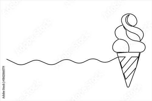 Ice cream continuous one line art drawing of design. waffle cone ice cream symbol line style vector art illustration