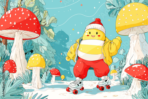 Playful Robot Skating in a Whimsical Mushroom Garden