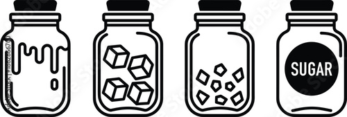 Outline Vector Icon Set Featuring Glass Jars Containing Liquid Honey Sugar Cubes Granules and Explicit Sugar Labels
