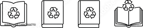 Outline Vector Icon Set Featuring Open and Closed Books Branded with Universal Recycling Symbols for Sustainable Education