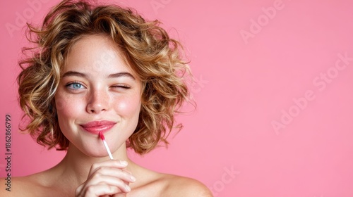 A cheerful young woman playfully applying lipstick while winking at the camera, radiating confidence and joy, capturing the essence of self-expression and fun.