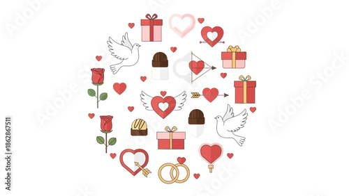 Valentine's Day themed seamless pattern with hearts and doves