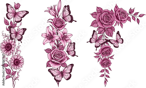 Elegant purple floral arrangements featuring roses lilies sunflowers and butterflies for wedding invitations romantic cards decorative borders and vintage ornaments.